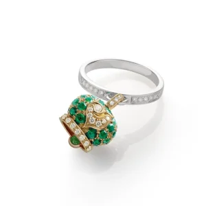 CHANTECLER Anello campanella piccolo in oro giallo e bianco smeraldi e diamanti ref. 37731