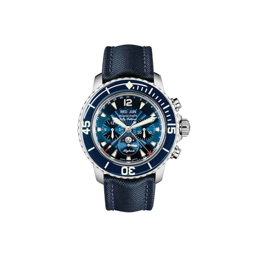 blancpain_fifty_fathoms_a_0-3.webp BLANCPAIN Fifty Fathoms Automatique 5066F 1140 52B subacqueo moderno passione acciaio tela vela cronografo flyback luna cicli lunari