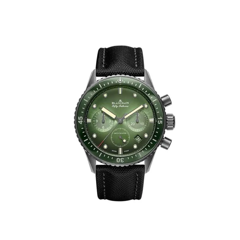 blancpain_fifty_fathoms_b_0-6.webp BLANCPAIN Fifty Fathoms Bathyscaphe Chronographe Flyback ref. 5200 0153 B52A subacqueo moderno passione ceramica Liquidmetal Nato verde tropicale tela vela