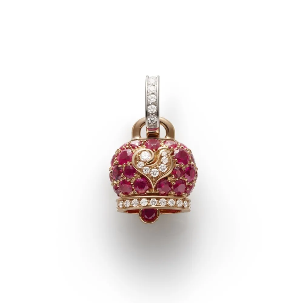 ciondolo_chantecler_campa_0.webp CHANTECLER Ciondolo Campanelle campanella media in oro rosa e rubini, galletto in oro bianco e diamanti bianchi